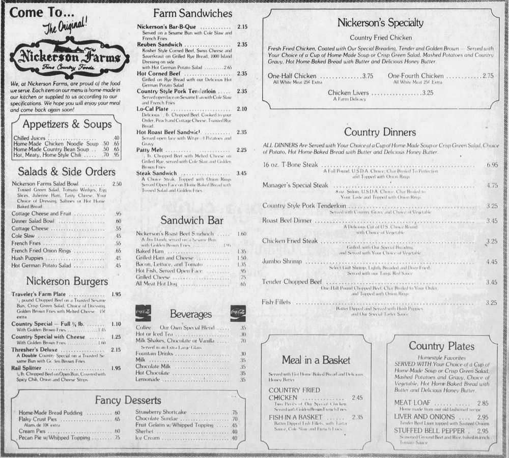 Nickerson Farms - Apr 13 1977 Menu (newer photo)